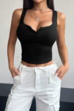 Plain Quarter Button Square Neck Fit Tank