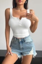 Plain Quarter Button Square Neck Fit Tank