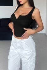 Plain Quarter Button Square Neck Fit Tank