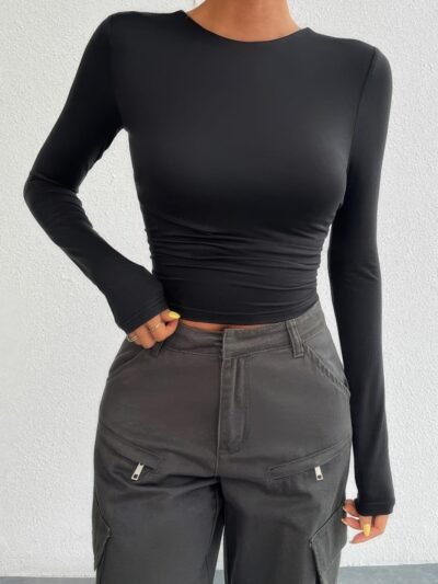 Plain Long Sleeve Open Back Slim Fit Top