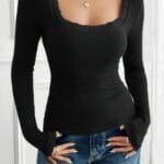 Square Neck Lace Trim Patchwork Slim Fit Shirt