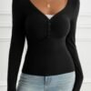 Solid Slim Fit V Neck Long Sleeve T Shirt