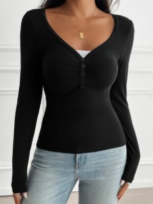 Solid Slim Fit V Neck Long Sleeve T Shirt