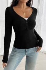 Solid Slim Fit V Neck Long Sleeve T Shirt
