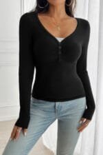 Solid Slim Fit V Neck Long Sleeve T Shirt