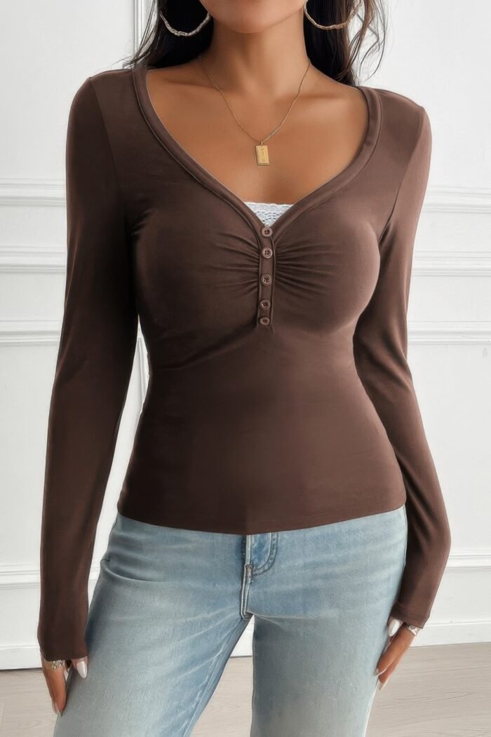 Solid Slim Fit V Neck Long Sleeve T Shirt - Image 5