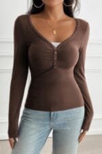 Solid Slim Fit V Neck Long Sleeve T Shirt