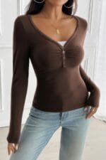 Solid Slim Fit V Neck Long Sleeve T Shirt