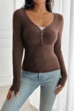 Solid Slim Fit V Neck Long Sleeve T Shirt