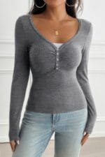 Solid Slim Fit V Neck Long Sleeve T Shirt