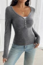 Solid Slim Fit V Neck Long Sleeve T Shirt