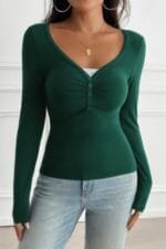 Solid Slim Fit V Neck Long Sleeve T Shirt