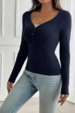 Solid Slim Fit V Neck Long Sleeve T Shirt
