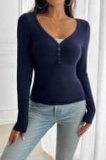 Solid Slim Fit V Neck Long Sleeve T Shirt