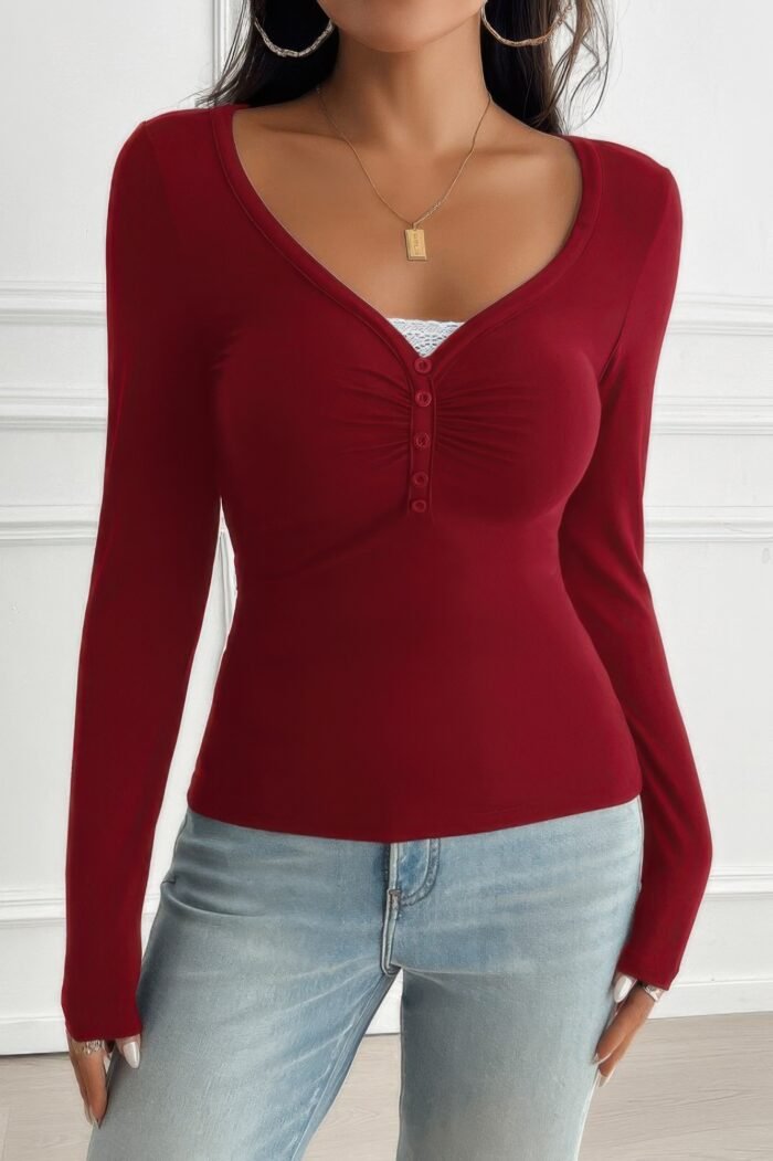 Solid Slim Fit V Neck Long Sleeve T Shirt - Image 21