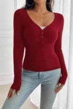 Solid Slim Fit V Neck Long Sleeve T Shirt