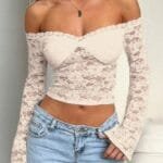 Off Shoulder Fitted Sheer Lace Long Sleeve Top