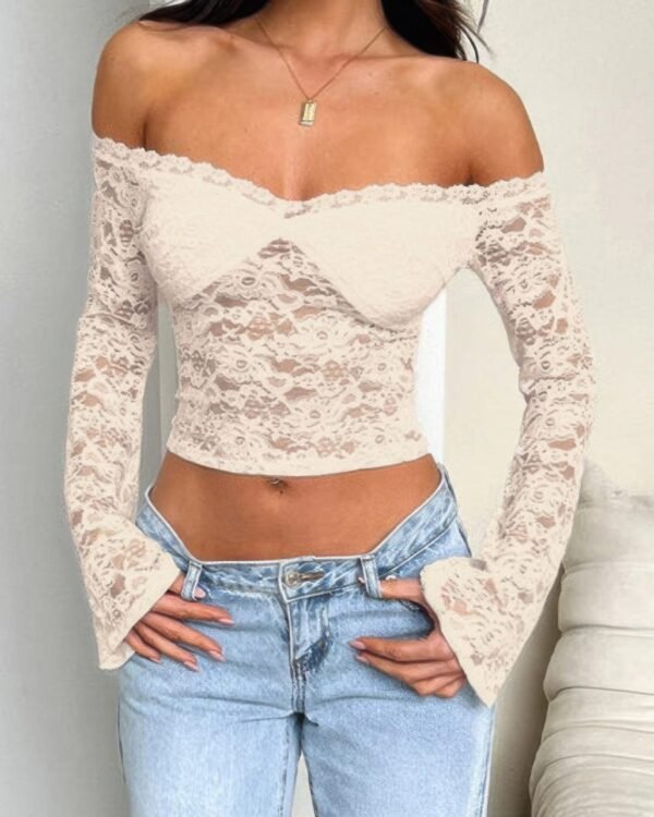 Off Shoulder Fitted Sheer Lace Long Sleeve Top