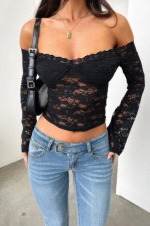 Off Shoulder Fitted Sheer Lace Long Sleeve Top Off Shoulder Fitted Sheer Lace Long Sleeve Top