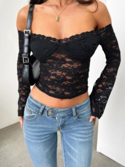 Off Shoulder Fitted Sheer Lace Long Sleeve Top Off Shoulder Fitted Sheer Lace Long Sleeve Top