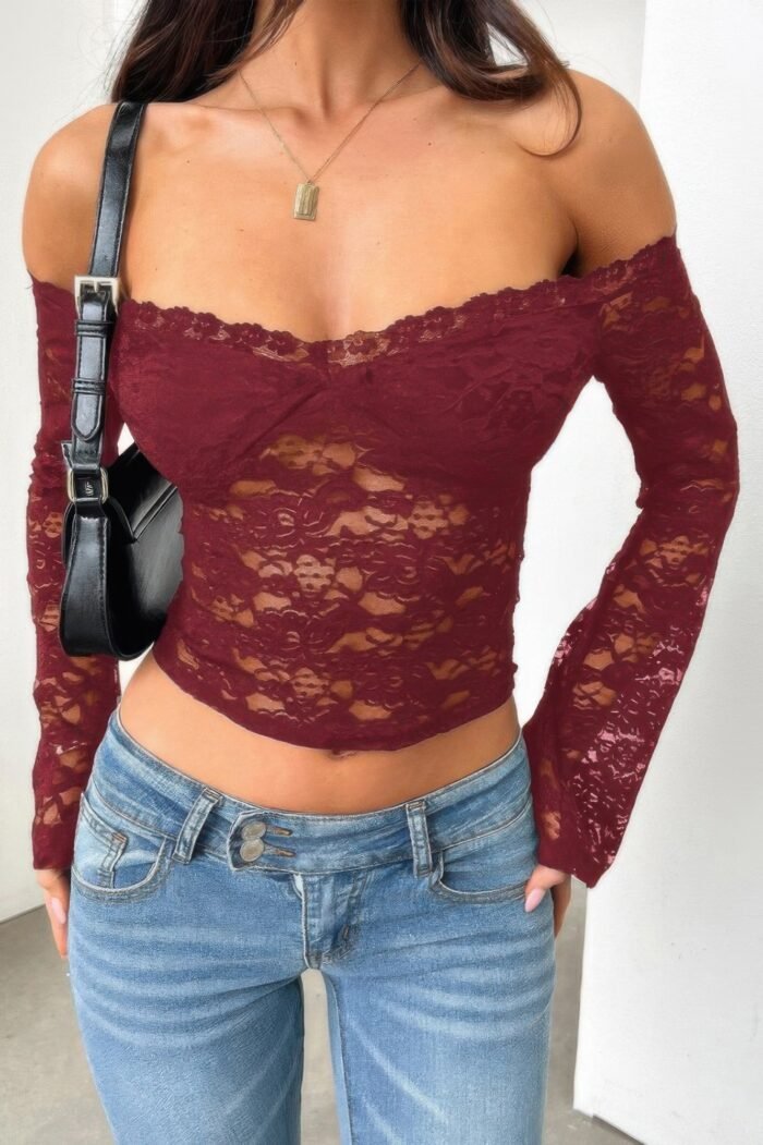 Off Shoulder Fitted Sheer Lace Long Sleeve Top - Image 8