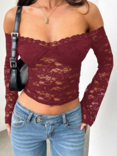 Off Shoulder Fitted Sheer Lace Long Sleeve Top Off Shoulder Fitted Sheer Lace Long Sleeve Top