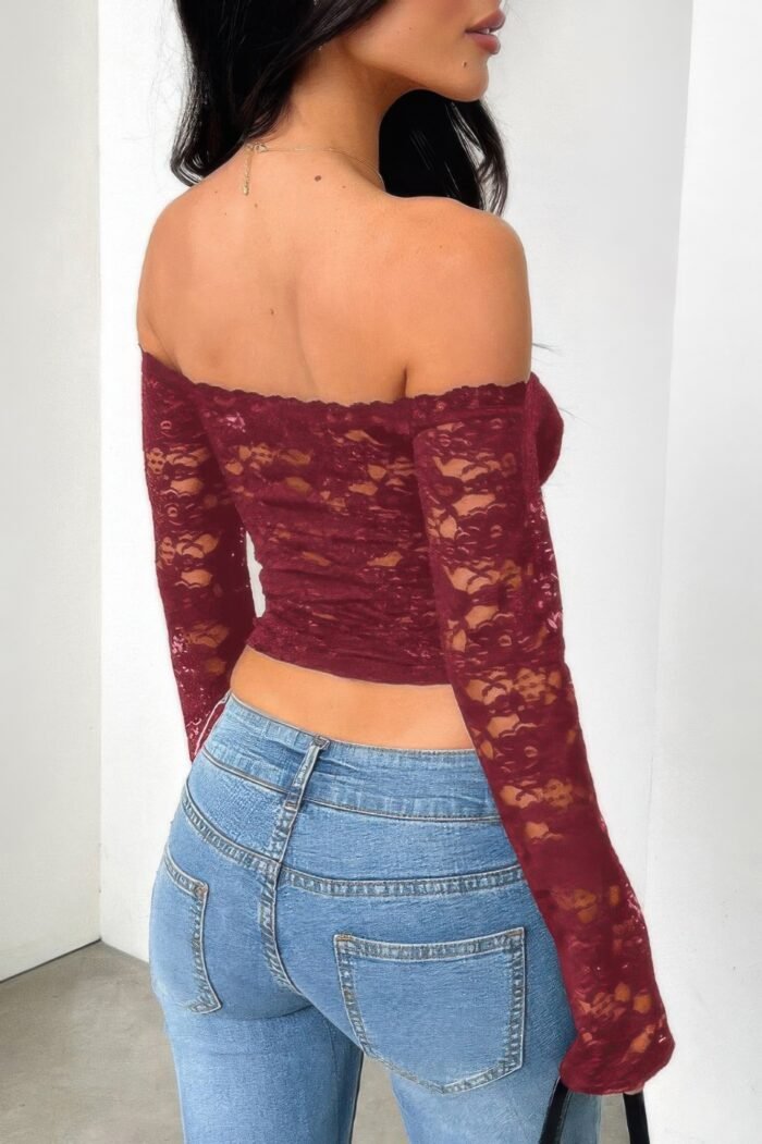 Off Shoulder Fitted Sheer Lace Long Sleeve Top - Image 10