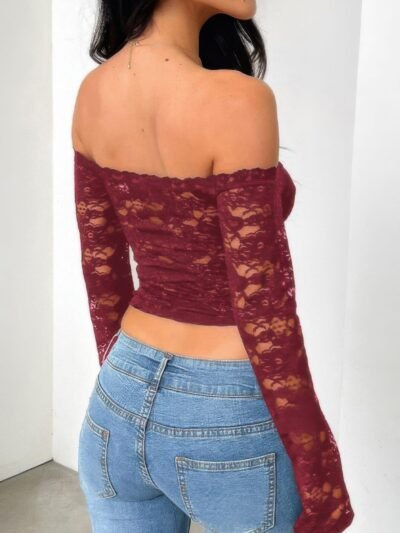 Off Shoulder Fitted Sheer Lace Long Sleeve Top Off Shoulder Fitted Sheer Lace Long Sleeve Top