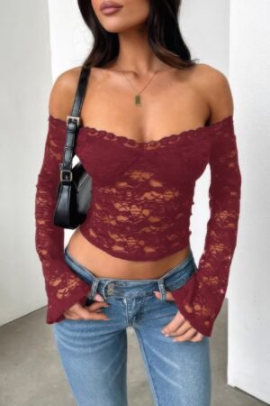 Off Shoulder Fitted Sheer Lace Long Sleeve Top Off Shoulder Fitted Sheer Lace Long Sleeve Top