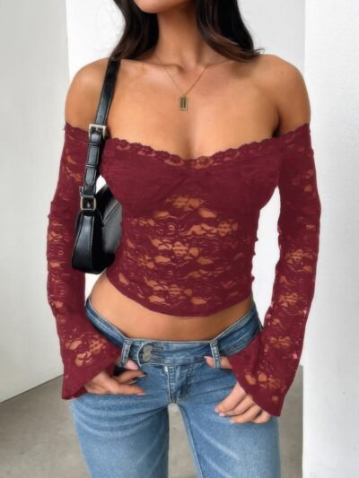 Off Shoulder Fitted Sheer Lace Long Sleeve Top Off Shoulder Fitted Sheer Lace Long Sleeve Top