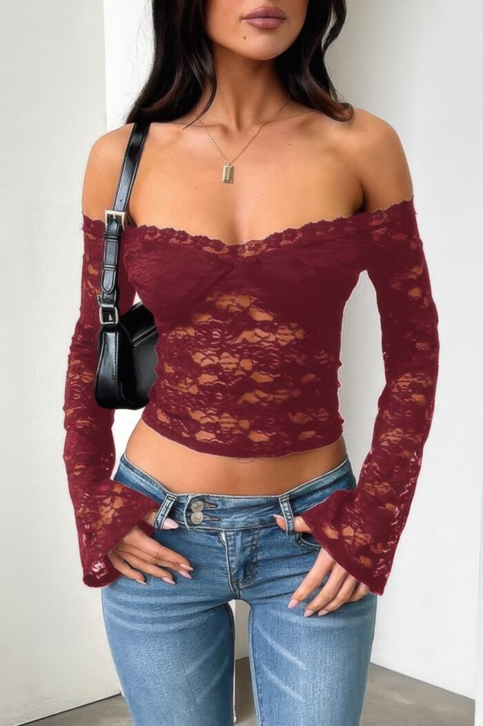 Off Shoulder Fitted Sheer Lace Long Sleeve Top - Image 12