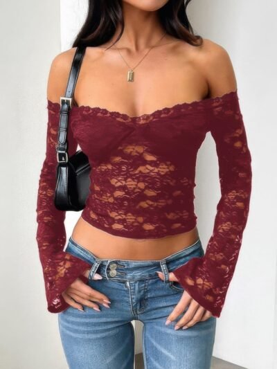 Off Shoulder Fitted Sheer Lace Long Sleeve Top Off Shoulder Fitted Sheer Lace Long Sleeve Top