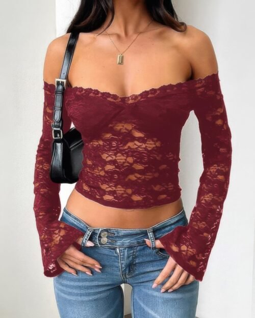 off shoulder fitted sheer lace long sleeve top