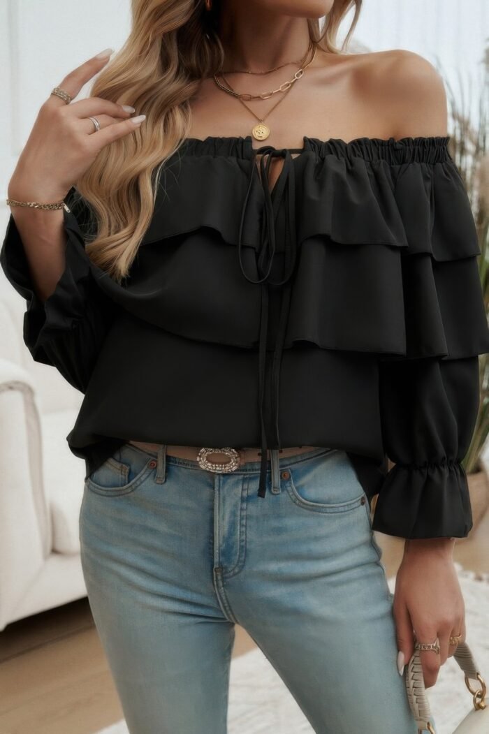 Tiered Ruffles Drawstring Ruched Neck Blouse - Image 1