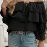 Tiered Ruffles Drawstring Ruched Neck Blouse