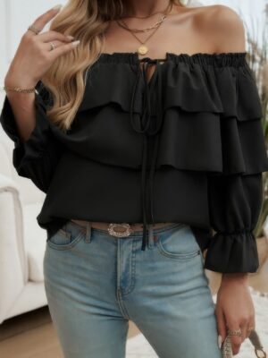 Tiered Ruffles Drawstring Ruched Neck Blouse