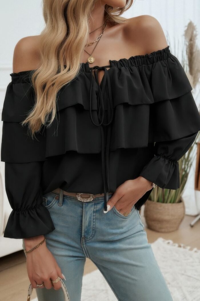 Tiered Ruffles Drawstring Ruched Neck Blouse - Image 2