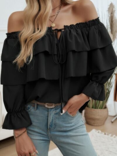 Tiered Ruffles Drawstring Ruched Neck Blouse Tiered Ruffles Drawstring Ruched Neck Blouse