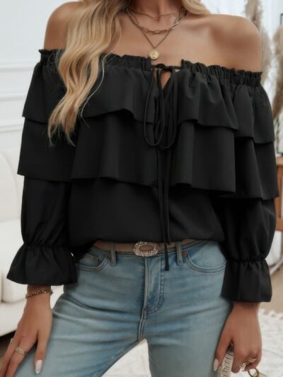 Tiered Ruffles Drawstring Ruched Neck Blouse Tiered Ruffles Drawstring Ruched Neck Blouse