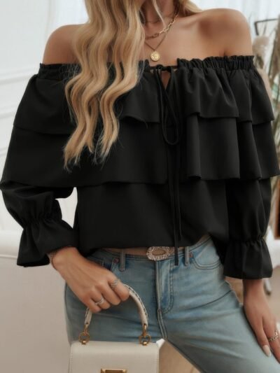 Tiered Ruffles Drawstring Ruched Neck Blouse Tiered Ruffles Drawstring Ruched Neck Blouse