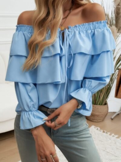 Tiered Ruffles Drawstring Ruched Neck Blouse Tiered Ruffles Drawstring Ruched Neck Blouse