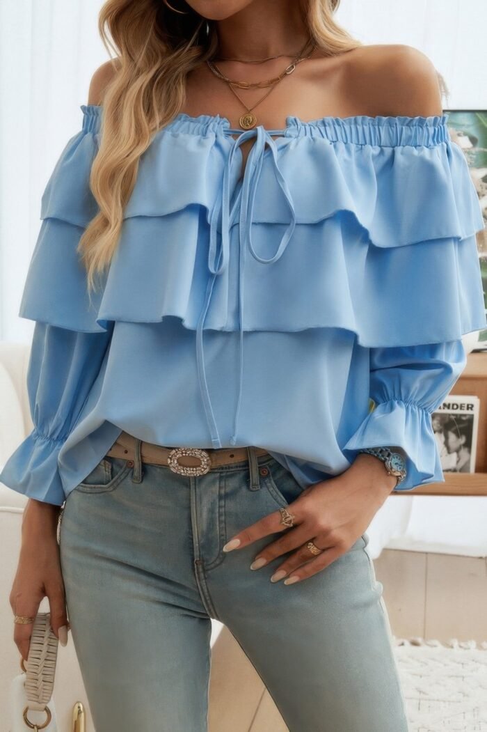 Tiered Ruffles Drawstring Ruched Neck Blouse - Image 7
