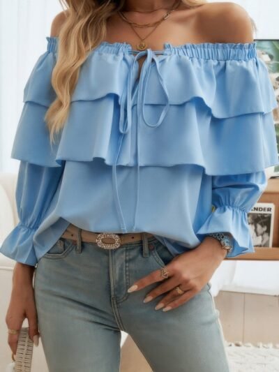 Tiered Ruffles Drawstring Ruched Neck Blouse Tiered Ruffles Drawstring Ruched Neck Blouse