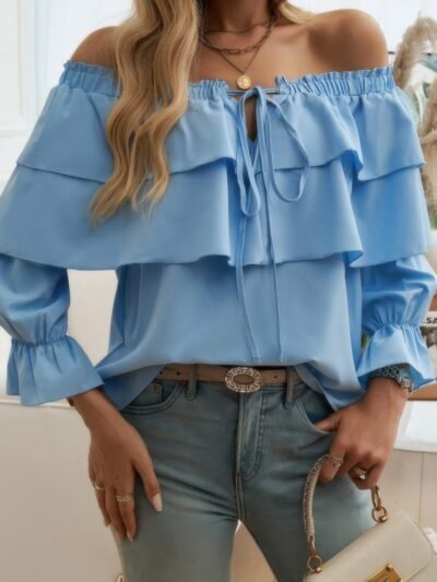 Tiered Ruffles Drawstring Ruched Neck Blouse Tiered Ruffles Drawstring Ruched Neck Blouse