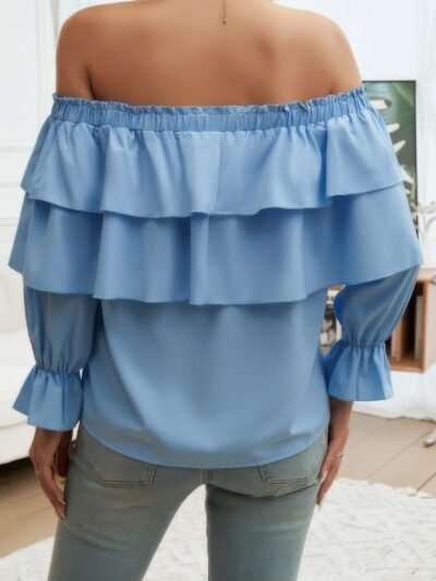 Tiered Ruffles Drawstring Ruched Neck Blouse Tiered Ruffles Drawstring Ruched Neck Blouse
