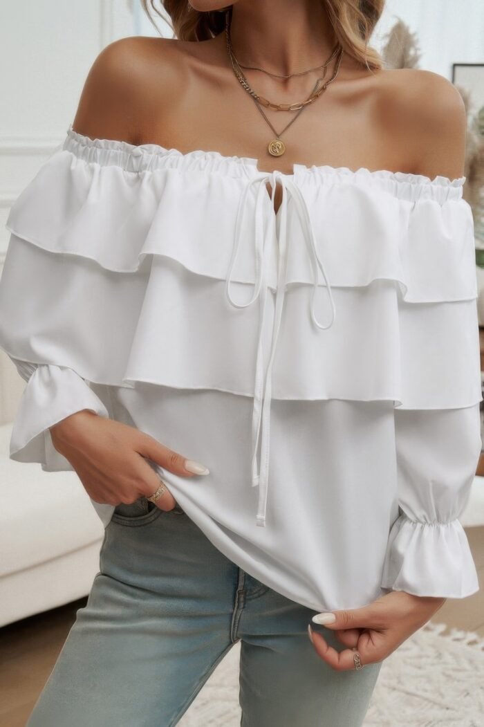 Tiered Ruffles Drawstring Ruched Neck Blouse - Image 10