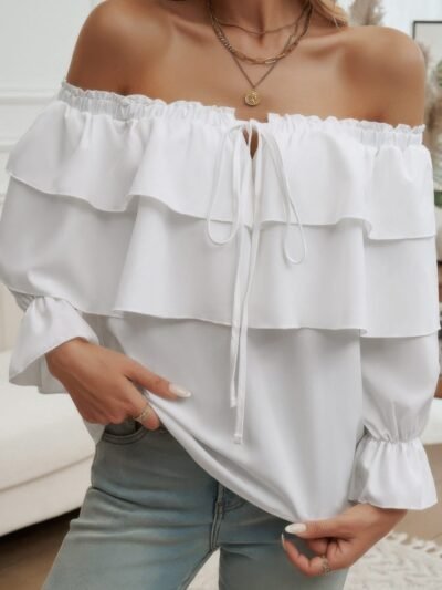 Tiered Ruffles Drawstring Ruched Neck Blouse Tiered Ruffles Drawstring Ruched Neck Blouse