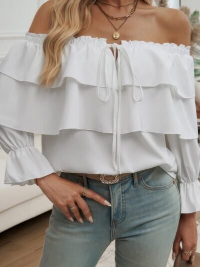 Tiered Ruffles Drawstring Ruched Neck Blouse Tiered Ruffles Drawstring Ruched Neck Blouse