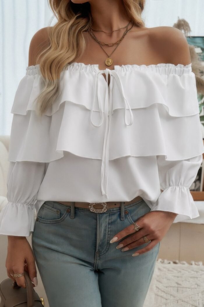 Tiered Ruffles Drawstring Ruched Neck Blouse - Image 12