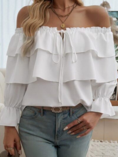 Tiered Ruffles Drawstring Ruched Neck Blouse Tiered Ruffles Drawstring Ruched Neck Blouse
